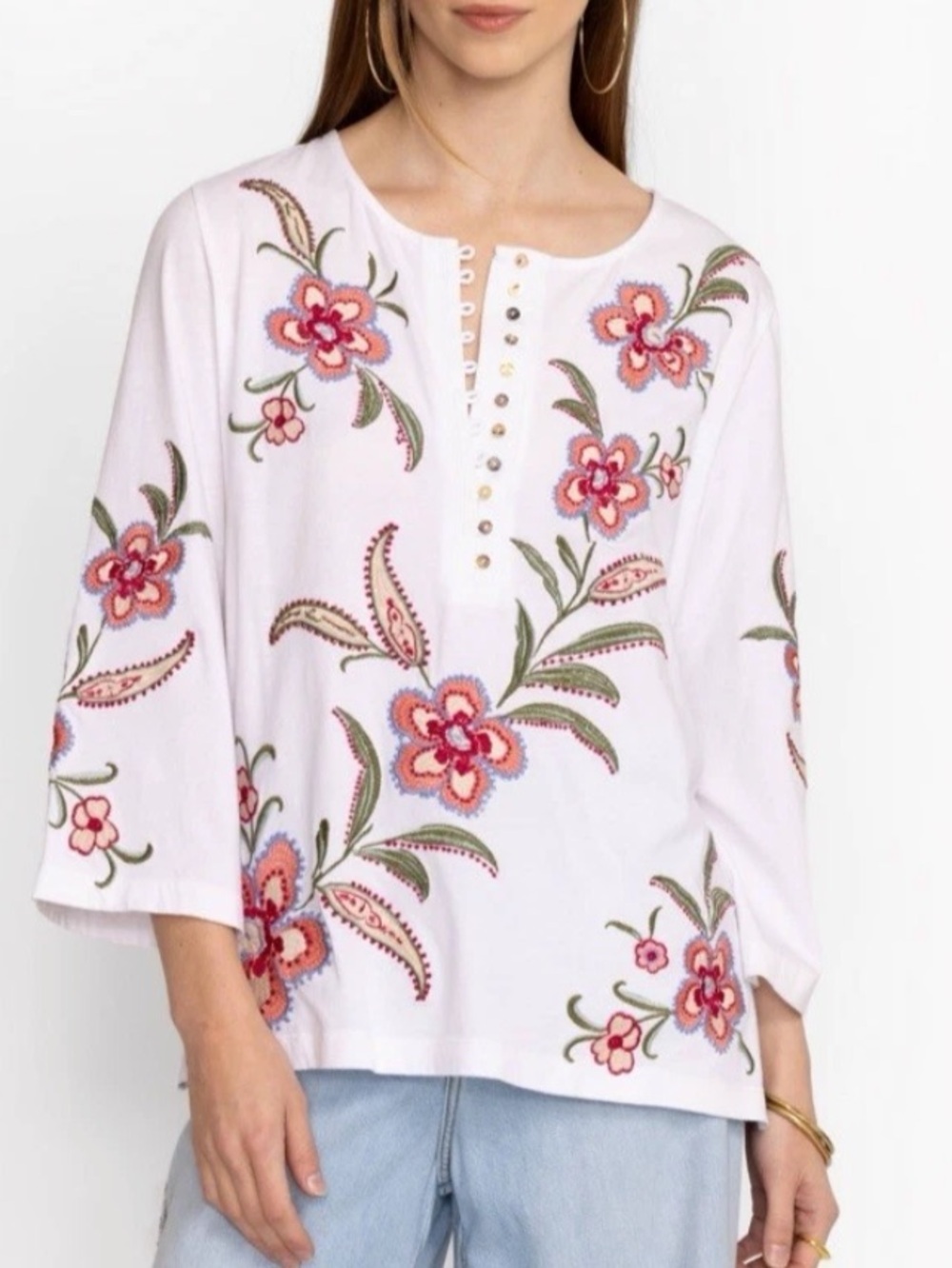 Johnny Was Libbi Embroidered Button Front Tee Floral Top White Shirt Size M